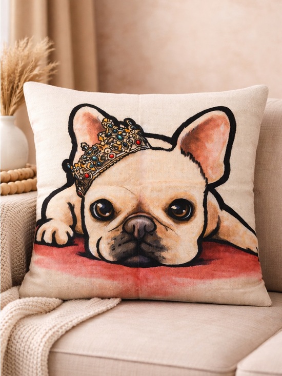 Other - French Bulldog Crown Pillow Cover | Linen 18x18 | Cute Royal Dog Decor | Pink
